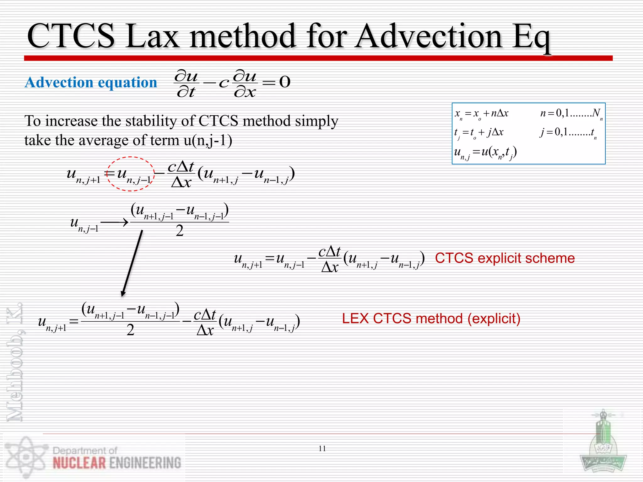 CTCS Lax method for Advection Eq
Advection equation
To increase the stability of CTCS method simply
take the average of term u(n,j-1)
,
0,1........
0,1........
( , )
n o n
j o n
n j n j
x x n x n N
t t j x j t
u u x t
   
   

0u uc
t x
  
 
CTCS explicit scheme, 1 , 1 1, 1,
( )n j n j n j n j
c tu u u u
x   
  

1, 1 1, 1
, 1
( )
2
n j n j
n j
u u
u    



1, 1 1, 1
, 1 1, 1,
( )
( )
2
n j n j
n j n j n j
u u c tu u u
x
   
  
   

LEX CTCS method (explicit)
, 1 , 1 1, 1,
( )n j n j n j n j
c tu u u u
x   
  

11
 