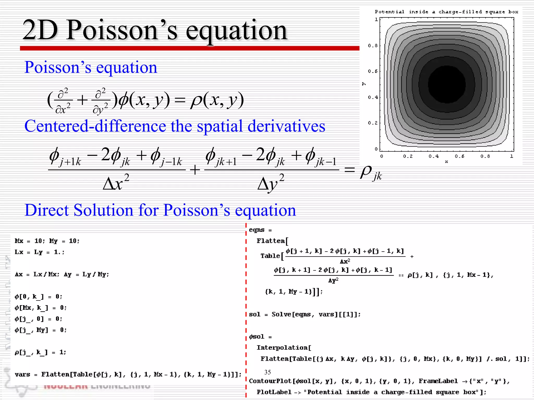 2D Poisson’s equation
),(),()( 2
2
2
2
yxyxyx
  



Poisson’s equation
Direct Solution for Poisson’s equation
jk
jkjkjkkjjkkj
yx







 
2
11
2
11 22
Centered-difference the spatial derivatives
35
 