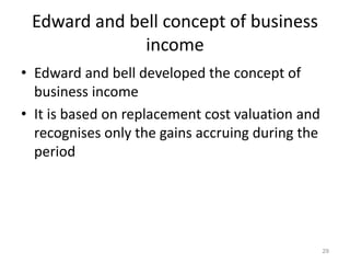 Edward and bell concept of business
income
• Edward and bell developed the concept of
business income
• It is based on replacement cost valuation and
recognises only the gains accruing during the
period
29
 