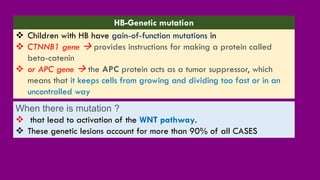 ❖ Children with HB have gain-of-function mutations in
❖ CTNNB1 gene → provides instructions for making a protein called
beta-catenin
❖ or APC gene → the APC protein acts as a tumor suppressor, which
means that it keeps cells from growing and dividing too fast or in an
uncontrolled way
HB-Genetic mutation
When there is mutation ?
❖ that lead to activation of the WNT pathway.
❖ These genetic lesions account for more than 90% of all CASES
 