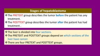 Stages of hepatoblastoma
❖The PRETEXT group describes the tumor before the patient has any
treatment.
❖The POSTTEXT group describes the tumor after the patient has had
treatment .
❖The liver is divided into four sections.
❖The PRETEXT and POSTTEXT groups depend on which sections of the
liver have cancer.
❖There are four PRETEXT and POSTTEXT groups.
 