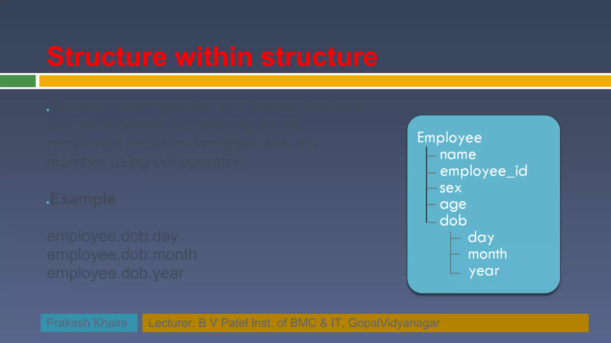 Structure within structure An inner most member in a nested structure ● can be accessed by chaining all the concerned structure variables with the member using dot operator. Example ● employee.dob.day employee.dob.month employee.dob.year Prakash Khaire Lecturer, B V Patel Inst. of BMC & IT, GopalVidyanagar 