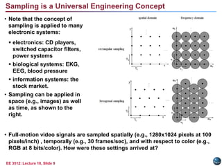 EE 3512: Lecture 18, Slide 9
Sampling is a Universal Engineering Concept
• Note that the concept of
sampling is applied to many
electronic systems:
 electronics: CD players,
switched capacitor filters,
power systems
 biological systems: EKG,
EEG, blood pressure
 information systems: the
stock market.
• Sampling can be applied in
space (e.g., images) as well
as time, as shown to the
right.
• Full-motion video signals are sampled spatially (e.g., 1280x1024 pixels at 100
pixels/inch) , temporally (e.g., 30 frames/sec), and with respect to color (e.g.,
RGB at 8 bits/color). How were these settings arrived at?
 