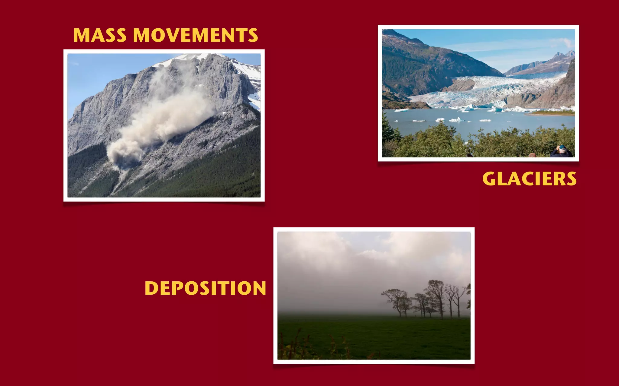 MASS MOVEMENTS




                  GLACIERS




     DEPOSITION
 