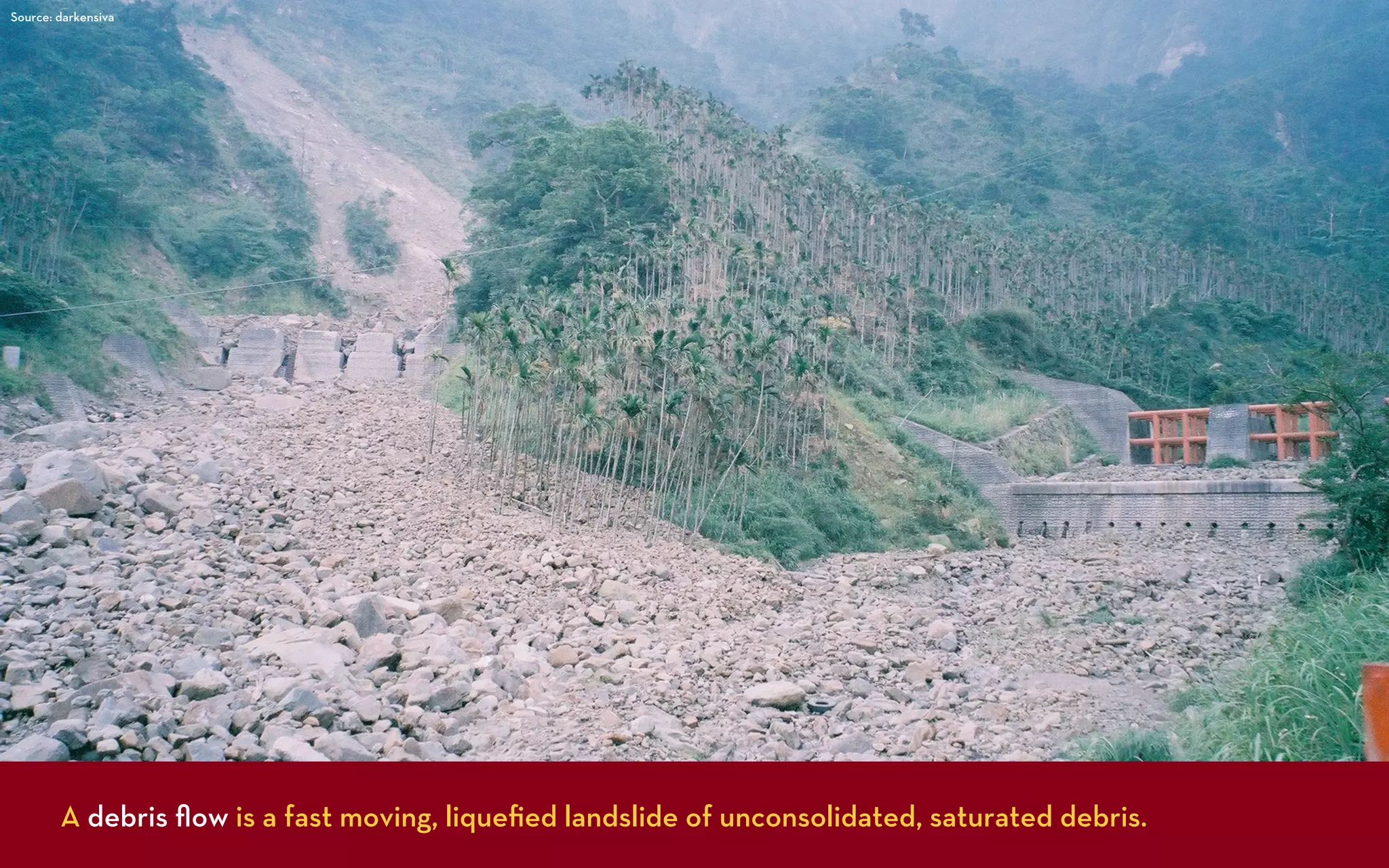 Source: darkensiva




        A debris ﬂow is a fast moving, liqueﬁed landslide of unconsolidated, saturated debris.
 