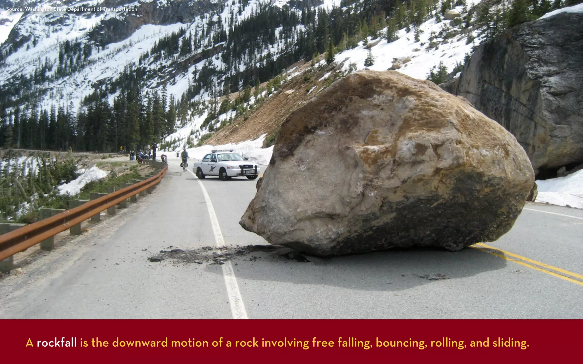 Source: Washington State Department of Transportation




       A rockfall is the downward motion of a rock involving free falling, bouncing, rolling, and sliding.
 