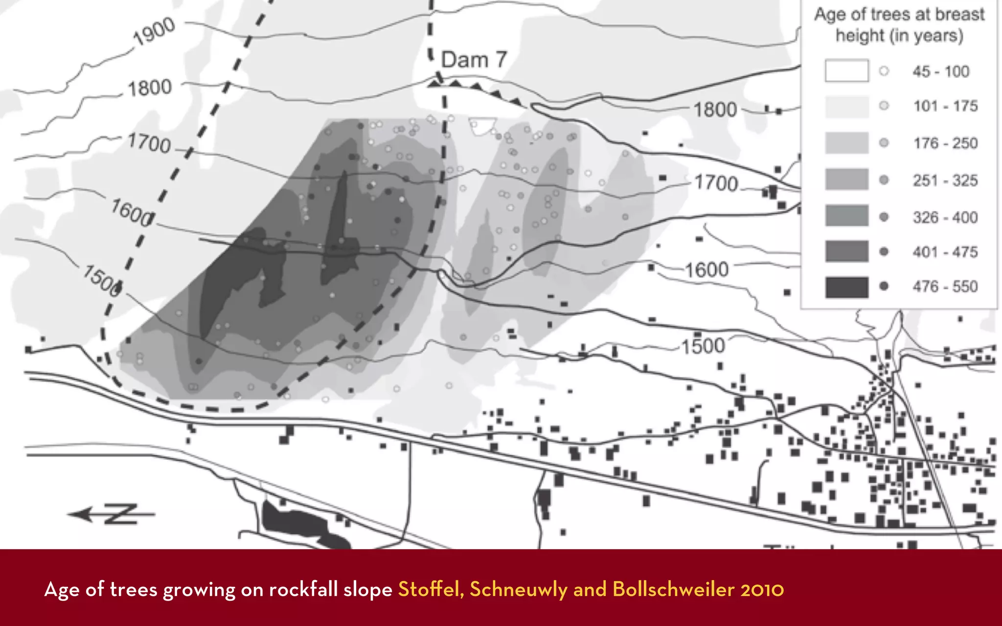 Age of trees growing on rockfall slope Stoﬀel, Schneuwly and Bollschweiler 2010
 