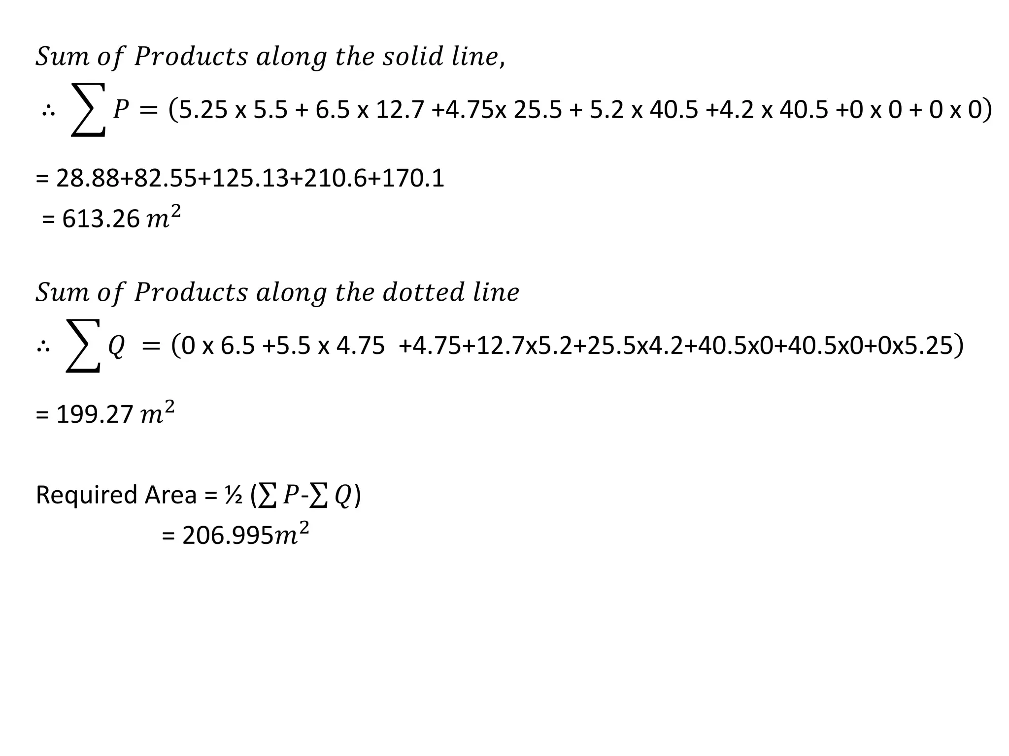 𝑆𝑢𝑚 𝑜𝑓 𝑃𝑟𝑜𝑑𝑢𝑐𝑡𝑠 𝑎𝑙𝑜𝑛𝑔 𝑡𝑕𝑒 𝑠𝑜𝑙𝑖𝑑 𝑙𝑖𝑛𝑒,
∴ 𝑃 = 5.25 x 5.5 + 6.5 x 12.7 +4.75x 25.5 + 5.2 x 40.5 +4.2 x 40.5 +0 x 0 + 0 x 0
= 28.88+82.55+125.13+210.6+170.1
= 613.26 𝑚2
𝑆𝑢𝑚 𝑜𝑓 𝑃𝑟𝑜𝑑𝑢𝑐𝑡𝑠 𝑎𝑙𝑜𝑛𝑔 𝑡𝑕𝑒 𝑑𝑜𝑡𝑡𝑒𝑑 𝑙𝑖𝑛𝑒
∴ 𝑄 = 0 x 6.5 +5.5 x 4.75 +4.75+12.7x5.2+25.5x4.2+40.5x0+40.5x0+0x5.25
= 199.27 𝑚2
Required Area = ½ ( 𝑃- 𝑄)
= 206.995𝑚2
 