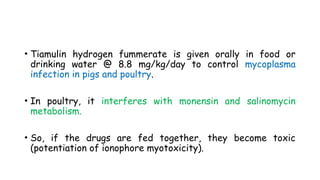 • Tiamulin hydrogen fummerate is given orally in food or
drinking water @ 8.8 mg/kg/day to control mycoplasma
infection in pigs and poultry.
• In poultry, it interferes with monensin and salinomycin
metabolism.
• So, if the drugs are fed together, they become toxic
(potentiation of ionophore myotoxicity).
 
