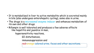 • It is metabolized in liver to active metabolite which is excreted mainly
in bile (also undergoes enterohepatic cycling), some also in urine.
• The drugs is a microsomal enzyme inducer and enhances metabolism of
its own and other drugs.
• Rifampin is well tolerated and produces a few adverse effects
like hepatitis and jaundice in man,
hypersensitivity reactions,
GI disturbances,
immunosuppression and
red-orange colored urine, feces and other secretions.
 