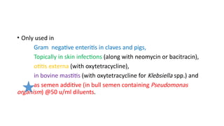 • Only used in
Gram negative enteritis in claves and pigs,
Topically in skin infections (along with neomycin or bacitracin),
otitis externa (with oxytetracycline),
in bovine mastitis (with oxytetracycline for Klebsiella spp.) and
as semen additive (in bull semen containing Pseudomonas
organism) @50 u/ml diluents.
 