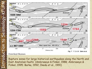 Rupture zones for large historical earthquakes along the North and East Anatolian faults  (Ambraseys & Finkel, 1988; Ambraseys & Finkel, 1995; Barka, 1992; Ikeda et al., 1991)   from Introduction to Seismology-KFUPM 1254 967 1784 1668 1035 1050 1043 From Koji Okumura 