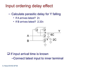 Input ordering delay effect
       – Calculate parasitic delay for Y falling
             • If A arrives latest? 2τ
             • If B arrives latest? 2.33τ


                                  2         2          Y
                         A                  2    6C

                         B                  2x    2C




      If input arrival time is known
        –Connect latest input to inner terminal

S. Reda EN160 SP’08
 