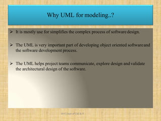 Why UML for modeling..?
 It is mostly use for simplifies the complex process of softwaredesign.
 The UML is very important part of developing object oriented softwareand
the software development process.
 The UML helps project teams communicate, explore design and validate
the architectural design of the software.
KHIT,Dept of CSE & IT
 
