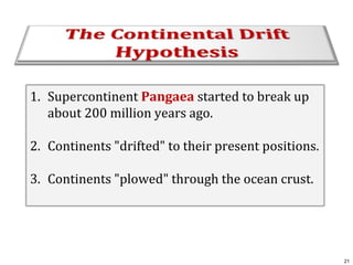 1. Supercontinent Pangaea started to break up
about 200 million years ago.
2. Continents "drifted" to their present positions.
3. Continents "plowed" through the ocean crust.

21

 