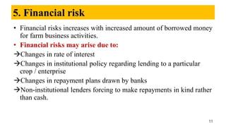 5. Financial risk
• Financial risks increases with increased amount of borrowed money
for farm business activities.
• Financial risks may arise due to:
Changes in rate of interest
Changes in institutional policy regarding lending to a particular
crop / enterprise
Changes in repayment plans drawn by banks
Non-institutional lenders forcing to make repayments in kind rather
than cash.
11
 