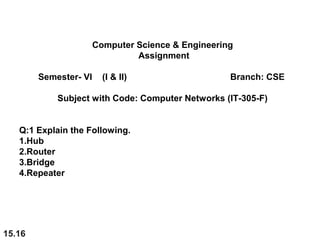 15.16
Computer Science & Engineering
Assignment
Semester- VI (I & II) Branch: CSE
Subject with Code: Computer Networks (IT-305-F)
Q:1 Explain the Following.
1.Hub
2.Router
3.Bridge
4.Repeater
 