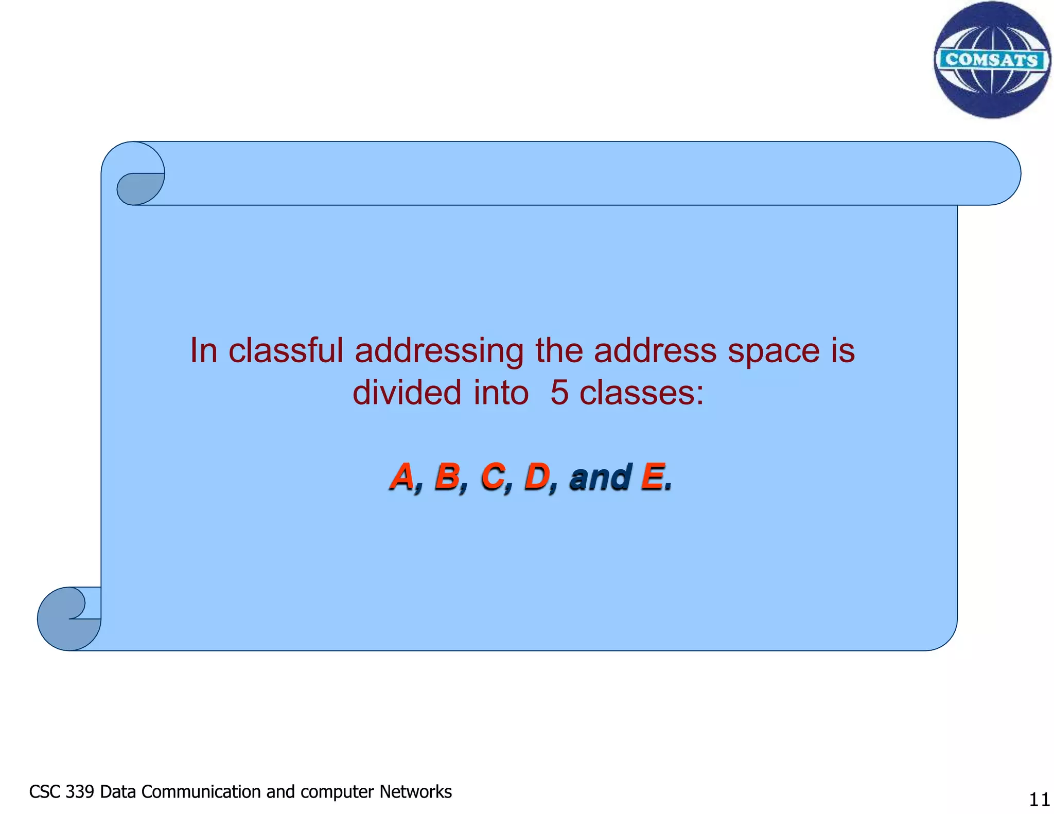 CSC 339 Data Communication and computer Networks
CSC 339 Data Communication and computer Networks
In classful addressing the address space is
divided into 5 classes:
A, B, C, D, and E.
11
 
