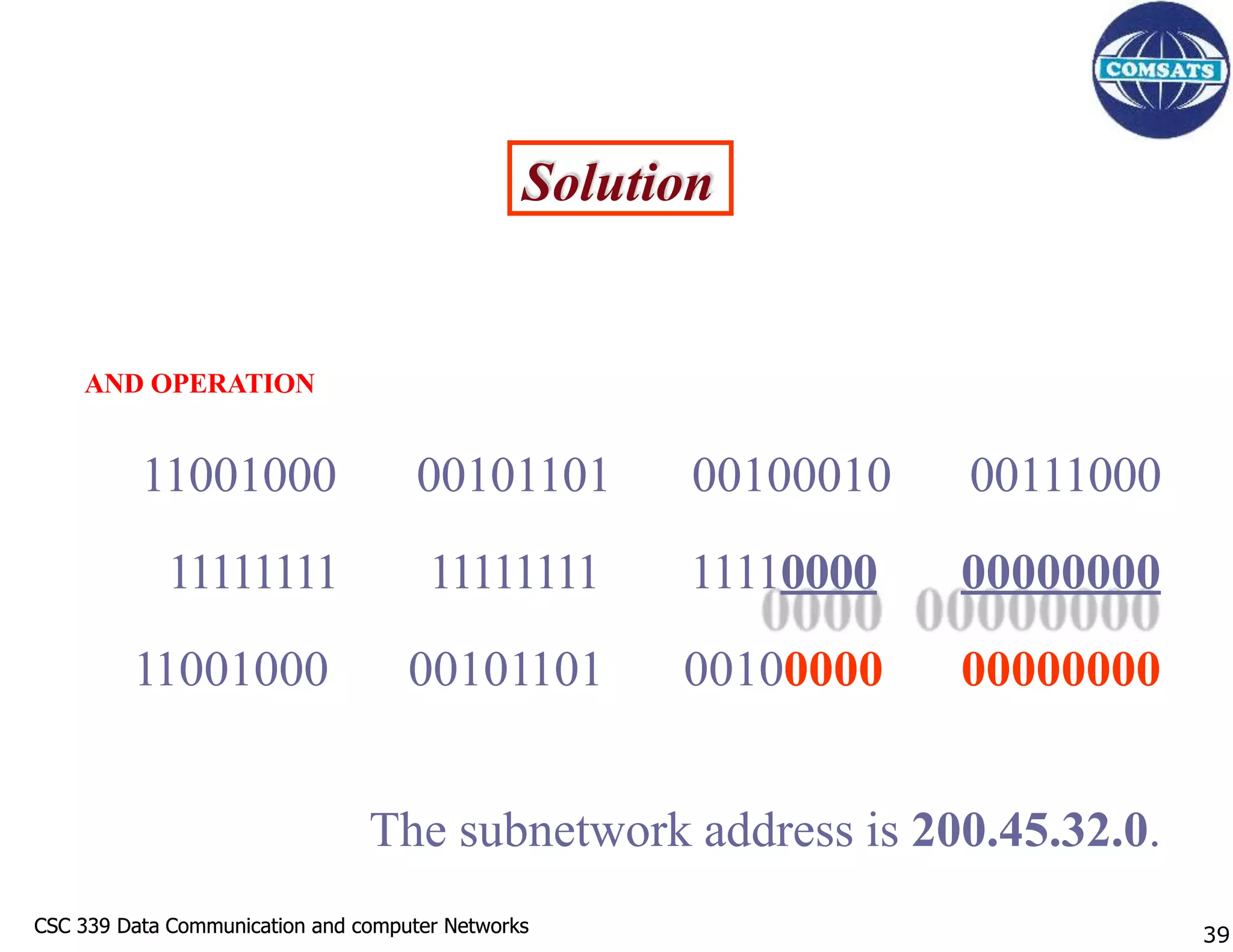 CSC 339 Data Communication and computer Networks
CSC 339 Data Communication and computer Networks
Solution
AND OPERATION
11001000 00101101 00100010 00111000
11111111 11111111 11110000 00000000
11001000 00101101 00100000 00000000
The subnetwork address is 200.45.32.0.
39
 