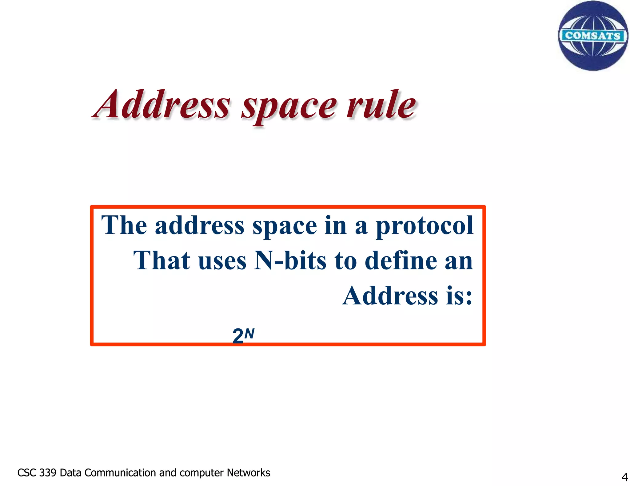 CSC 339 Data Communication and computer Networks
CSC 339 Data Communication and computer Networks
Address space rule
…………..
…………..
The address space in a protocol
That uses N-bits to define an
Address is:
2N
4
 