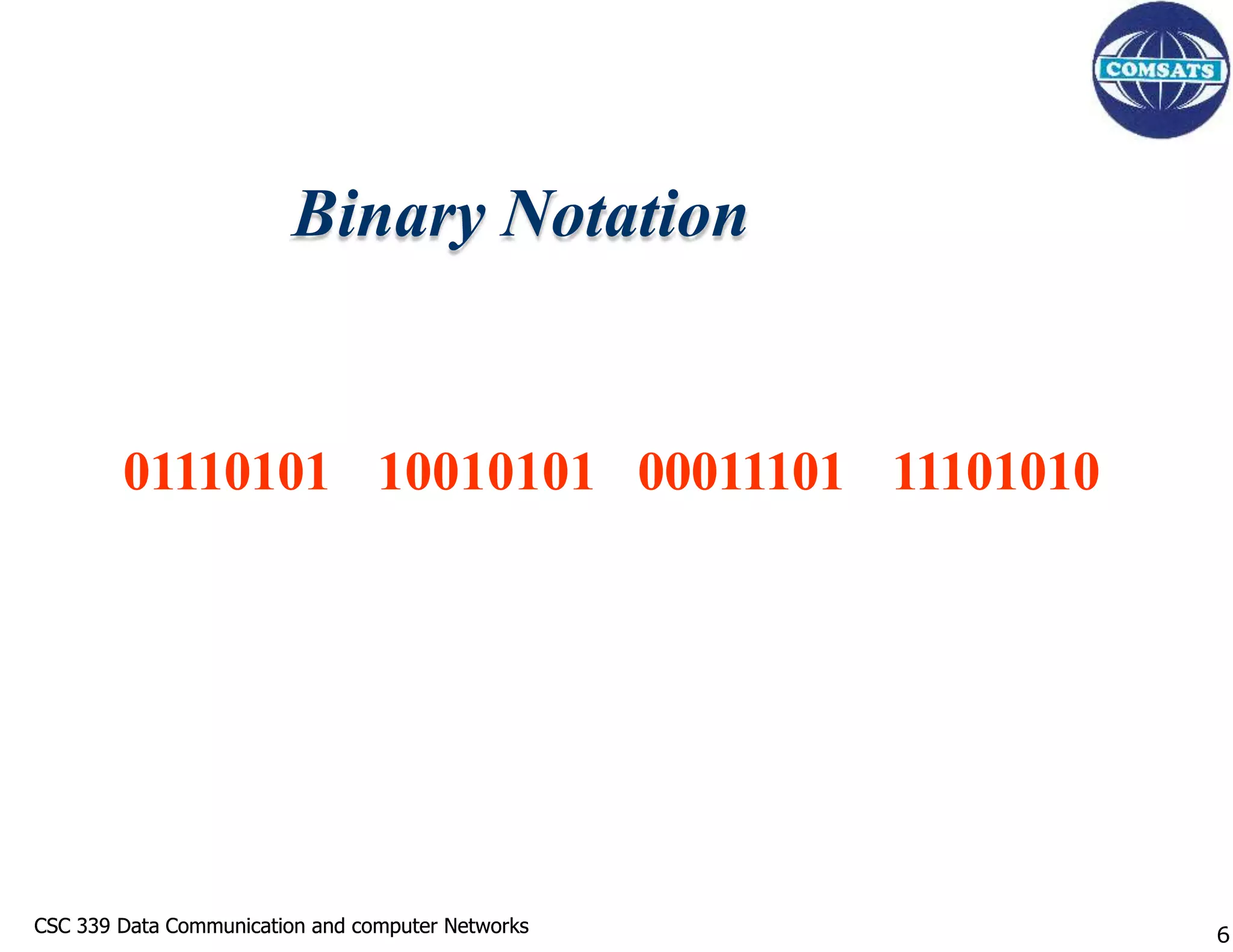 CSC 339 Data Communication and computer Networks
CSC 339 Data Communication and computer Networks
01110101 10010101 00011101 11101010
Binary Notation
6
 