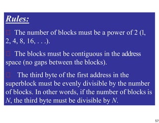 Rules:
The number of blocks must be a power of 2 (1,
2, 4, 8, 16, . . .).
The blocks must be contiguous in the address
spa...