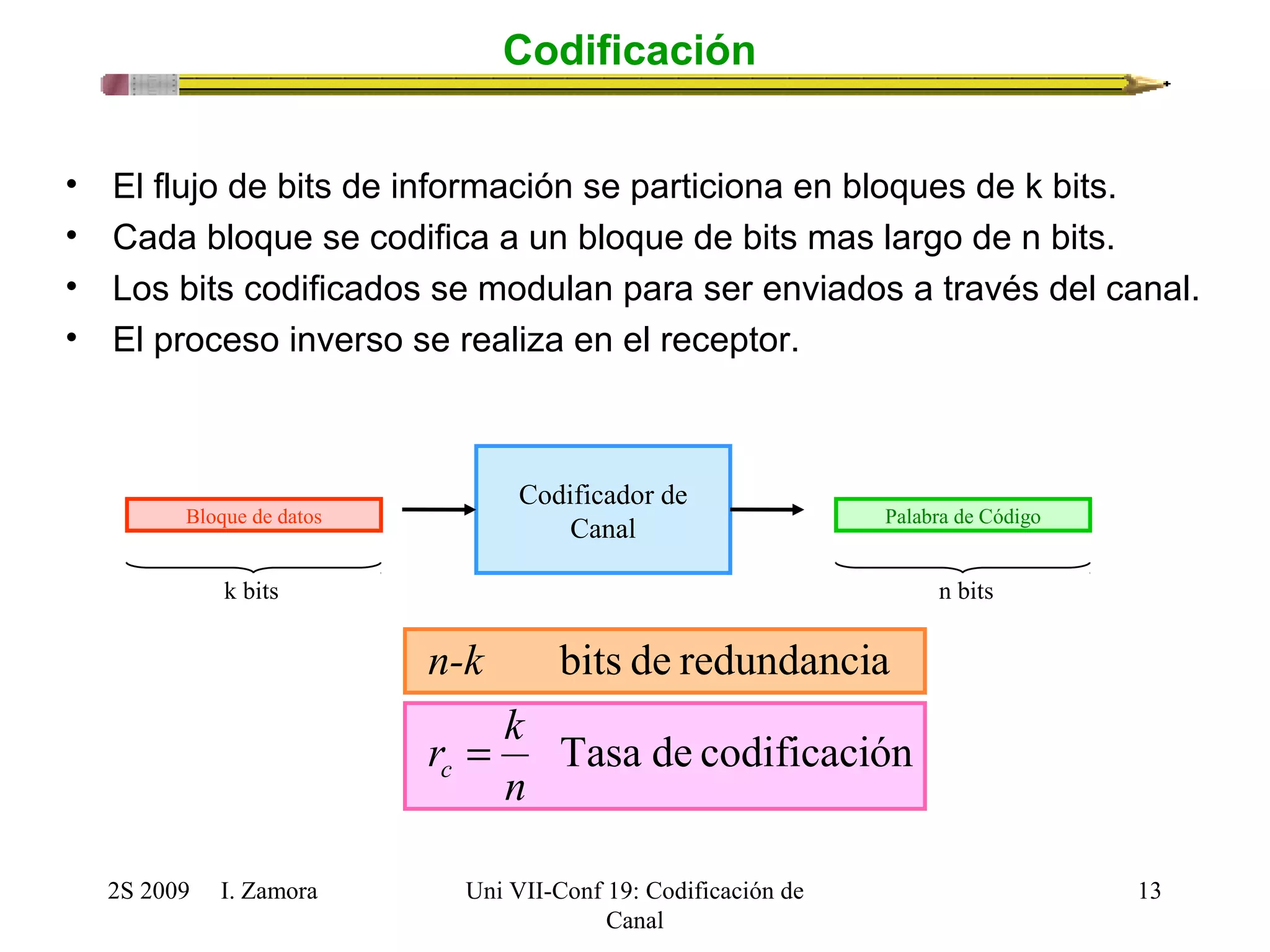 bits de redundancia 
r k 
2S 2009 I. Zamora 
Uni VII-Conf 19: Codificación de 
Canal 
13 
Codificación 
• El flujo de bits de información se particiona en bloques de k bits. 
• Cada bloque se codifica a un bloque de bits mas largo de n bits. 
• Los bits codificados se modulan para ser enviados a través del canal. 
• El proceso inverso se realiza en el receptor. 
Bloque de datos 
Codificador de 
Canal Palabra de Código 
k bits n bits 
Tasa de codificación 
n 
n-k 
c = 
 