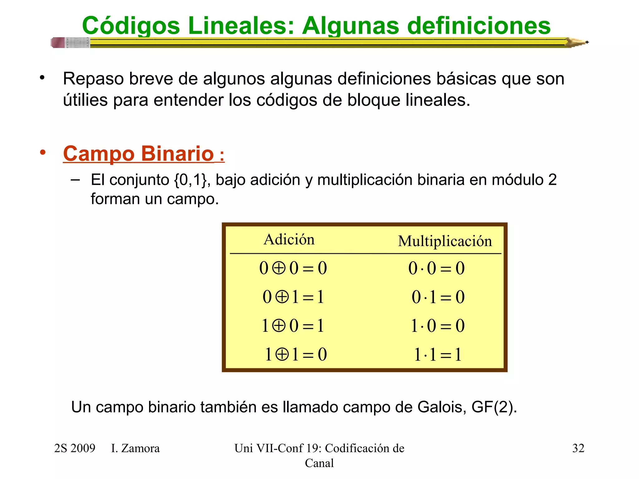 Códigos Lineales: Algunas definiciones 
Adición Multiplicación 
Å = 
0 0 0 
Å = 
0 1 1 
Å = 
1 0 1 
Å = 
1 1 0 
2S 2009 I. Zamora 
Uni VII-Conf 19: Codificación de 
Canal 
32 
• Repaso breve de algunos algunas definiciones básicas que son 
útilies para entender los códigos de bloque lineales. 
• Campo Binario : 
– El conjunto {0,1}, bajo adición y multiplicación binaria en módulo 2 
forman un campo. 
× = 
0 0 0 
× = 
0 1 0 
× = 
1 0 0 
× = 
1 1 1 
Un campo binario también es llamado campo de Galois, GF(2). 
 