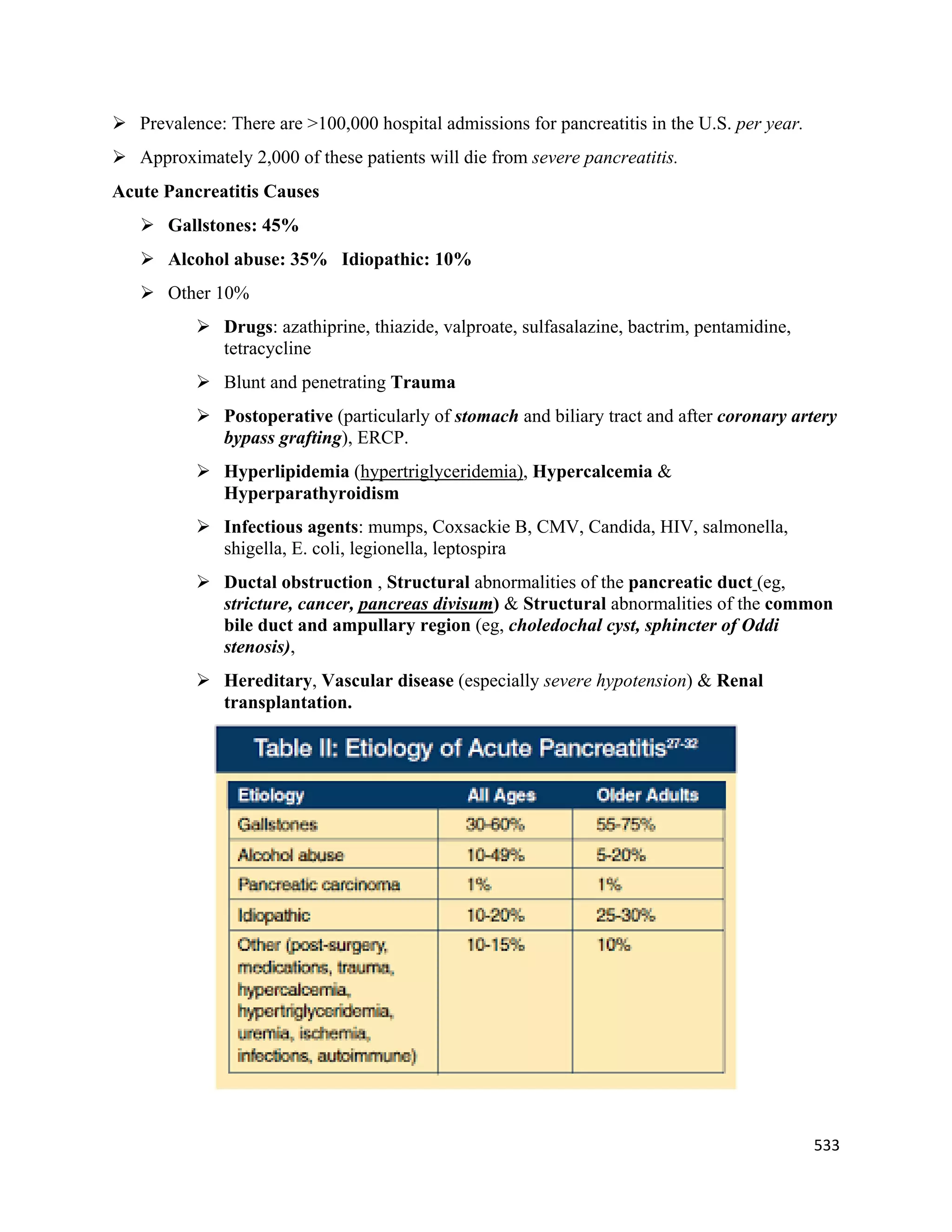 533 
 
 Prevalence: There are >100,000 hospital admissions for pancreatitis in the U.S. per year.
 Approximately 2,000 of these patients will die from severe pancreatitis.
Acute Pancreatitis Causes
 Gallstones: 45%
 Alcohol abuse: 35% Idiopathic: 10%
 Other 10%
 Drugs: azathiprine, thiazide, valproate, sulfasalazine, bactrim, pentamidine,
tetracycline
 Blunt and penetrating Trauma
 Postoperative (particularly of stomach and biliary tract and after coronary artery
bypass grafting), ERCP.
 Hyperlipidemia (hypertriglyceridemia), Hypercalcemia &
Hyperparathyroidism
 Infectious agents: mumps, Coxsackie B, CMV, Candida, HIV, salmonella,
shigella, E. coli, legionella, leptospira
 Ductal obstruction , Structural abnormalities of the pancreatic duct (eg,
stricture, cancer, pancreas divisum) & Structural abnormalities of the common
bile duct and ampullary region (eg, choledochal cyst, sphincter of Oddi
stenosis),
 Hereditary, Vascular disease (especially severe hypotension) & Renal
transplantation.
 