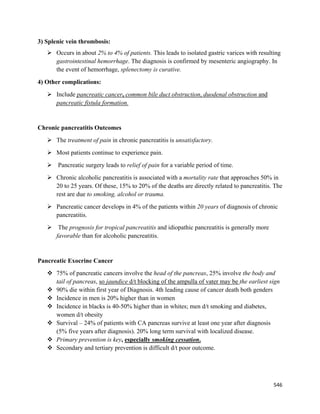 546 
 
3) Splenic vein thrombosis:
 Occurs in about 2% to 4% of patients. This leads to isolated gastric varices with resulting
gastrointestinal hemorrhage. The diagnosis is confirmed by mesenteric angiography. In
the event of hemorrhage, splenectomy is curative.
4) Other complications:
 Include pancreatic cancer, common bile duct obstruction, duodenal obstruction and
pancreatic fistula formation.
Chronic pancreatitis Outcomes
 The treatment of pain in chronic pancreatitis is unsatisfactory.
 Most patients continue to experience pain.
 Pancreatic surgery leads to relief of pain for a variable period of time.
 Chronic alcoholic pancreatitis is associated with a mortality rate that approaches 50% in
20 to 25 years. Of these, 15% to 20% of the deaths are directly related to pancreatitis. The
rest are due to smoking, alcohol or trauma.
 Pancreatic cancer develops in 4% of the patients within 20 years of diagnosis of chronic
pancreatitis.
 The prognosis for tropical pancreatitis and idiopathic pancreatitis is generally more
favorable than for alcoholic pancreatitis.
Pancreatic Exocrine Cancer
 75% of pancreatic cancers involve the head of the pancreas, 25% involve the body and
tail of pancreas, so jaundice d/t blocking of the ampulla of vater may be the earliest sign
 90% die within first year of Diagnosis. 4th leading cause of cancer death both genders
 Incidence in men is 20% higher than in women
 Incidence in blacks is 40-50% higher than in whites; men d/t smoking and diabetes,
women d/t obesity
 Survival – 24% of patients with CA pancreas survive at least one year after diagnosis
(5% five years after diagnosis). 20% long term survival with localized disease.
 Primary prevention is key, especially smoking cessation.
 Secondary and tertiary prevention is difficult d/t poor outcome.
 
