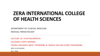 ZERA INTERNATIONAL COLLEGE
OF HEALTH SCIENCES
DEPARTMENT OF CLINICAL MEDICINE
MEDICAL PARASITOLOGY
LECTURE 19: PLATYHELMINTHS
CESTODES (TAPE WORMS)
TAENIA SAGINATA (BEEF TAPWORM) & TAENIA SOILUM (PORK TAPEWORM)
MRS N NG’ANDWE
BSC, BMS
 