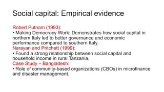 Social capital: Empirical evidence
Robert Putnam (1993):
• Making Democracy Work: Demonstrates how social capital in
northern Italy led to better governance and economic
performance compared to southern Italy.
Narayan and Pritchett (1999):
• Found a strong relationship between social capital and
household income in rural Tanzania.
Case Study – Bangladesh:
• Role of community-based organizations (CBOs) in microfinance
and disaster management.
 