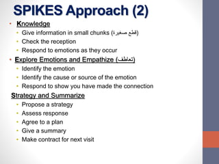 SPIKES Approach (2)
• Knowledge
• Give information in small chunks (‫صغيرة‬ ‫)قطع‬
• Check the reception
• Respond to emotions as they occur
• Explore Emotions and Empathize (‫)تعاطف‬
• Identify the emotion
• Identify the cause or source of the emotion
• Respond to show you have made the connection
Strategy and Summarize
• Propose a strategy
• Assess response
• Agree to a plan
• Give a summary
• Make contract for next visit
 