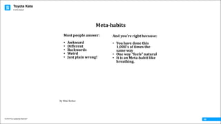 Toyota Kata
© 2016 The Leadership Network®
© 2016 Jidoka®
08
Meta-habits
Most	people	answer:
• Awkward
• Different
• Backwards
• Weird
• Just	plain	wrong!
By	Mike	Rother
And	you’re	right	because:
• You	have	done	this	
1,000’s	of	times	the	
same	way
• One	way	“feels”	natural
• It	is	an	Meta-habit	like	
breathing.
 