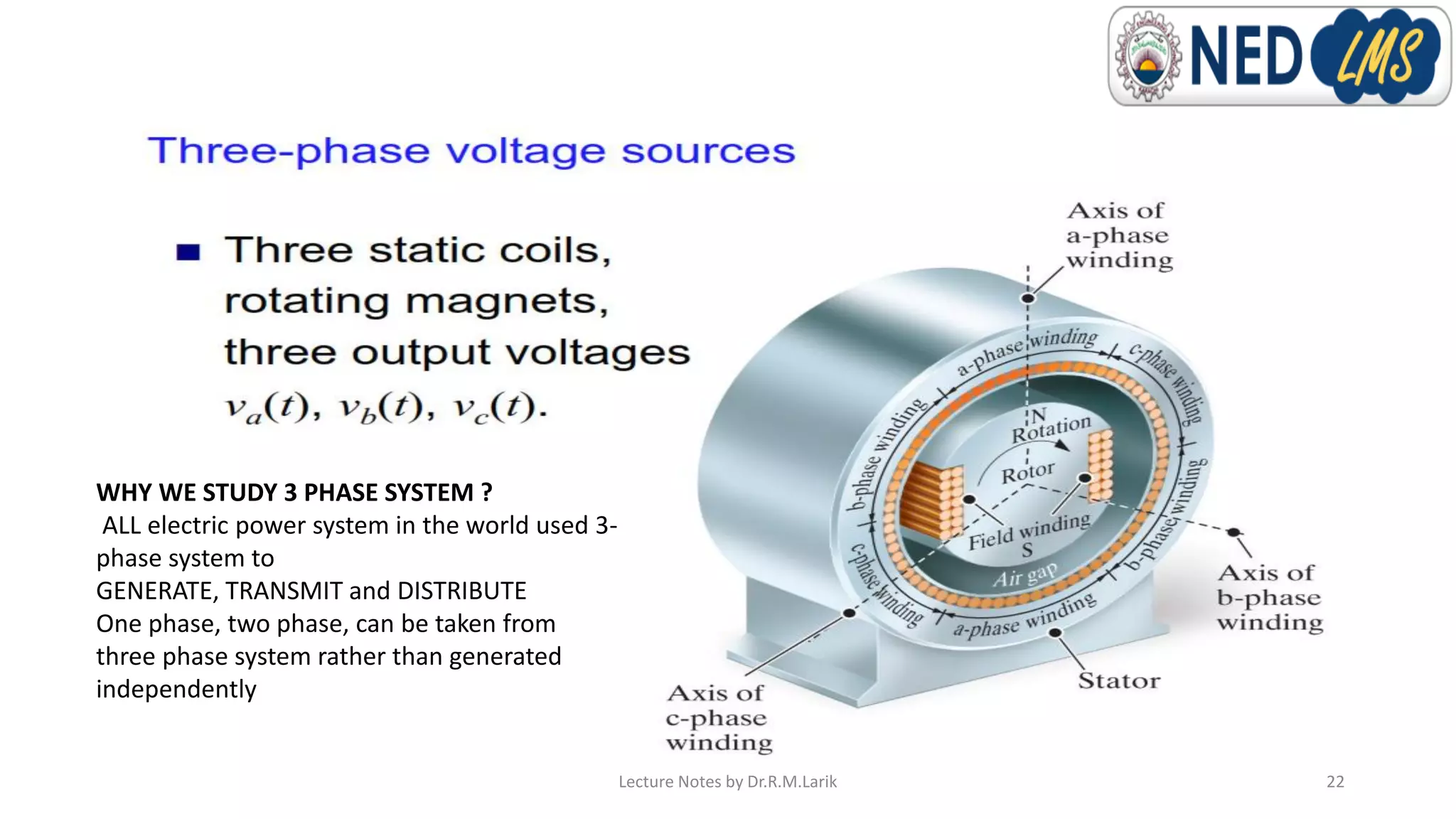 WHY WE STUDY 3 PHASE SYSTEM ?
ALL electric power system in the world used 3-
phase system to
GENERATE, TRANSMIT and DISTRIBUTE
One phase, two phase, can be taken from
three phase system rather than generated
independently
Lecture Notes by Dr.R.M.Larik 22
 