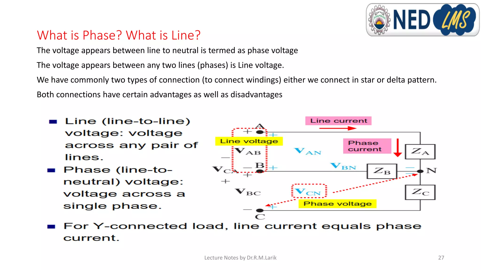What is Phase? What is Line?
The voltage appears between line to neutral is termed as phase voltage
The voltage appears between any two lines (phases) is Line voltage.
We have commonly two types of connection (to connect windings) either we connect in star or delta pattern.
Both connections have certain advantages as well as disadvantages
Lecture Notes by Dr.R.M.Larik 27
 