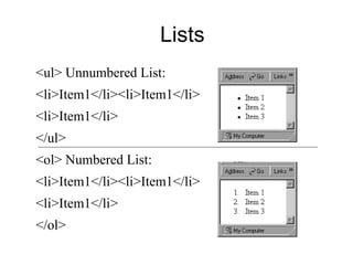 Lists
<ul> Unnumbered List:
<li>Item1</li><li>Item1</li>
<li>Item1</li>
</ul>
<ol> Numbered List:
<li>Item1</li><li>Item1</li>
<li>Item1</li>
</ol>
 