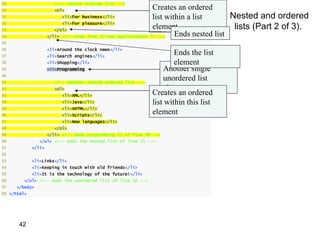 29                      <!-- nested ordered list -->
30                      <ol>                                     Creates an ordered
31                         <li>For business</li>                 list within a list       Nested and ordered
32                         <li>For pleasure</li>
33                      </ol>
                                                                 element                   lists (Part 2 of 3).
34                   </li> <!-- ends line 27 new applications   li -->   Ends nested list
35
36                   <li>Around the clock news</li>
37                   <li>Search engines</li>
                                                                        Ends the list
38                   <li>Shopping</li>                                  element
39                   <li>Programming                                Another single
40
41                      <!-- another nested ordered list -->
                                                                    unordered list
42                      <ol>                                        element
43                         <li>XML</li>                         Creates an ordered
44                         <li>Java</li>                        list within this list
45                         <li>XHTML</li>
46                         <li>Scripts</li>
                                                                element
47                         <li>New languages</li>
48                      </ol>
49                   </li> <!-- ends programming li of line 39 -->
50              </ul> <!-- ends the nested list of line 25 -->
51           </li>
52
53           <li>Links</li>
54           <li>Keeping in touch with old friends</li>
55           <li>It is the technology of the future!</li>
56       </ul> <!-- ends the unordered list of line 16 -->
57   </body>
58 </html>




      42
 