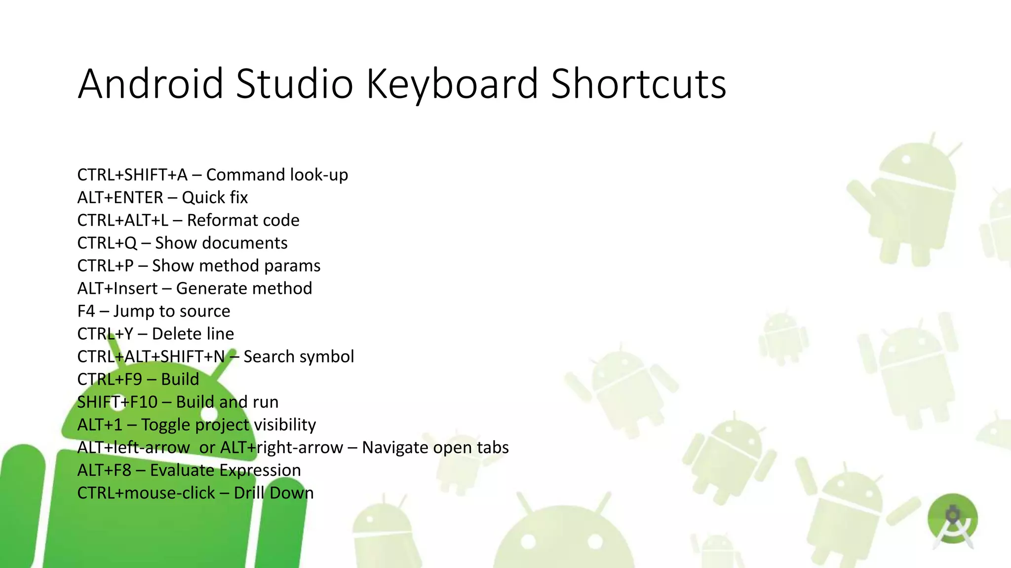 Android Studio Keyboard Shortcuts
CTRL+SHIFT+A – Command look-up
ALT+ENTER – Quick fix
CTRL+ALT+L – Reformat code
CTRL+Q – Show documents
CTRL+P – Show method params
ALT+Insert – Generate method
F4 – Jump to source
CTRL+Y – Delete line
CTRL+ALT+SHIFT+N – Search symbol
CTRL+F9 – Build
SHIFT+F10 – Build and run
ALT+1 – Toggle project visibility
ALT+left-arrow or ALT+right-arrow – Navigate open tabs
ALT+F8 – Evaluate Expression
CTRL+mouse-click – Drill Down
 