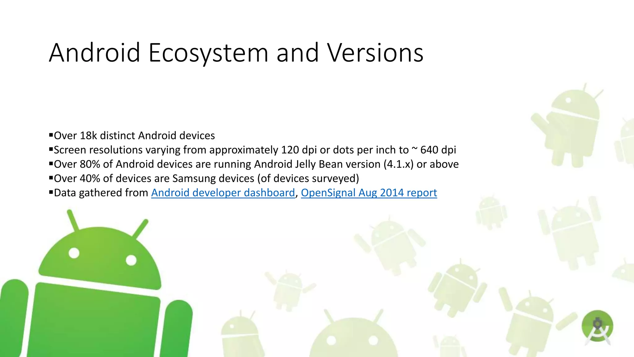 Android Ecosystem and Versions
Over 18k distinct Android devices
Screen resolutions varying from approximately 120 dpi or dots per inch to ~ 640 dpi
Over 80% of Android devices are running Android Jelly Bean version (4.1.x) or above
Over 40% of devices are Samsung devices (of devices surveyed)
Data gathered from Android developer dashboard, OpenSignal Aug 2014 report
 