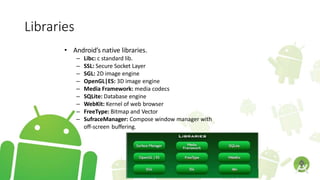 Libraries
• Android’s native libraries.
– Libc: c standard lib.
– SSL: Secure Socket Layer
– SGL: 2D image engine
– OpenGL|ES: 3D image engine
– Media Framework: media codecs
– SQLite: Database engine
– WebKit: Kernel of web browser
– FreeType: Bitmap and Vector
– SufraceManager: Compose window manager with
off-screen buffering.
 