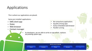 Applications
This is where our applications are placed.
Some pre-installed applications:
– SMS client app
– Dialer
– Web browser
– Contact manager
• As developers, we are able to write an app which replaces
any existing system app.
• No compulsory applications
• Equality among apps
• Easily embedded web browser
• Parallel running
 
