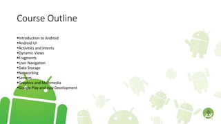Course Outline
Introduction to Android
Android UI
Activities and Intents
Dynamic Views
Fragments
User Navigation
Data Storage
Networking
Sensors
Graphics and Multimedia
Google Play and App Development
 