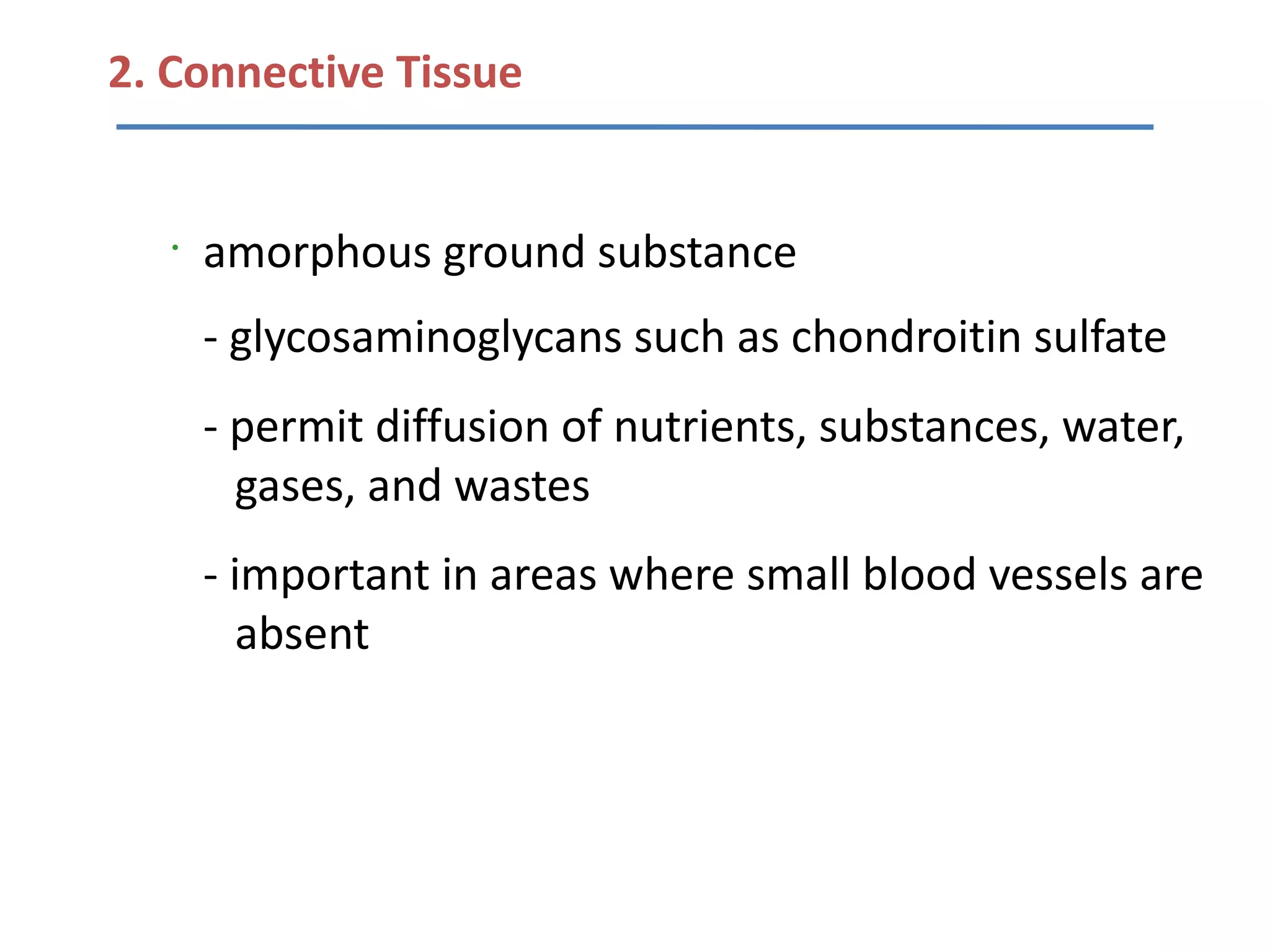 2. Connective Tissue


   •
       amorphous ground substance
       - glycosaminoglycans such as chondroitin sulfate
       - permit diffusion of nutrients, substances, water,
         gases, and wastes
       - important in areas where small blood vessels are
         absent
 