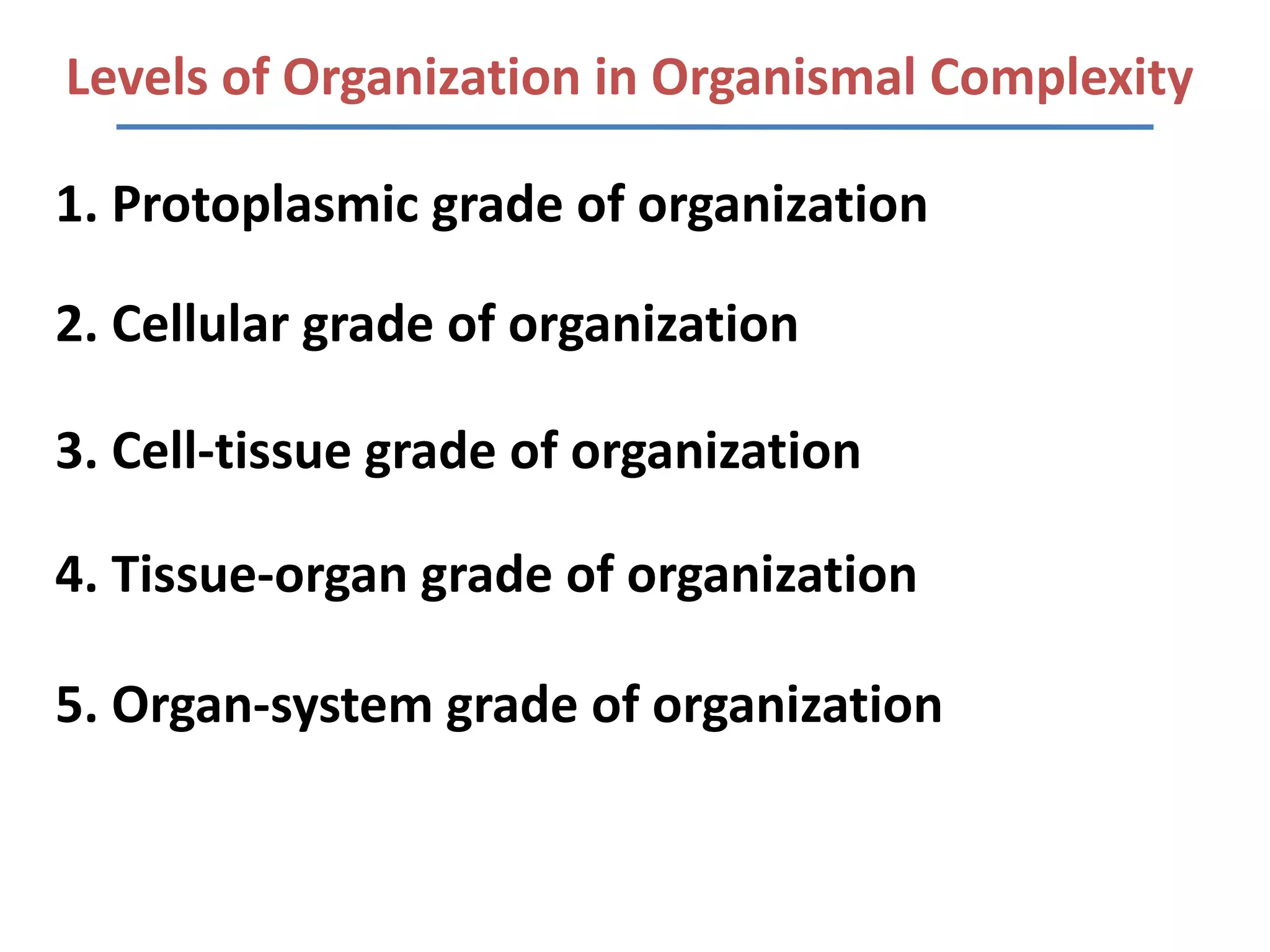 Levels of Organization in Organismal Complexity

1. Protoplasmic grade of organization

2. Cellular grade of organization

3. Cell-tissue grade of organization

4. Tissue-organ grade of organization

5. Organ-system grade of organization
 