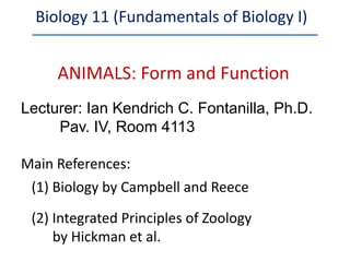 Biology 11 (Fundamentals of Biology I)


     ANIMALS: Form and Function
Lecturer: Ian Kendrich C. Fontanilla, Ph.D.
     Pav. IV, Room 4113

Main References:
 (1) Biology by Campbell and Reece
 (2) Integrated Principles of Zoology
     by Hickman et al.
 
