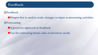 Feedback
Feedback
Output that is used to make changes to input or processing activities
Forecasting
A proactive approach to feedback
Use for estimating future sales or inventory needs
 