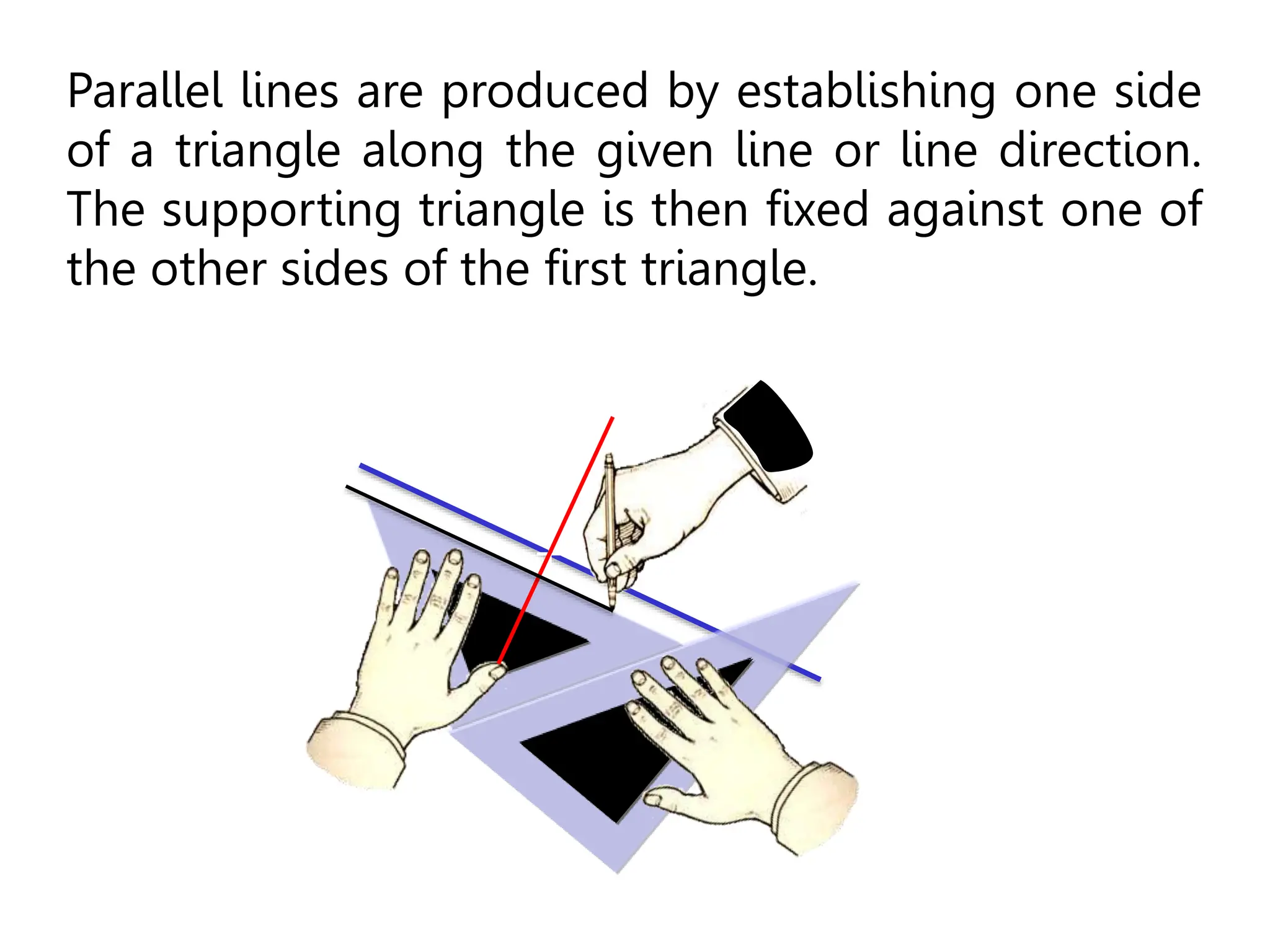 +
C
Parallel lines are produced by establishing one side
of a triangle along the given line or line direction.
The supporting triangle is then fixed against one of
the other sides of the first triangle.
 
