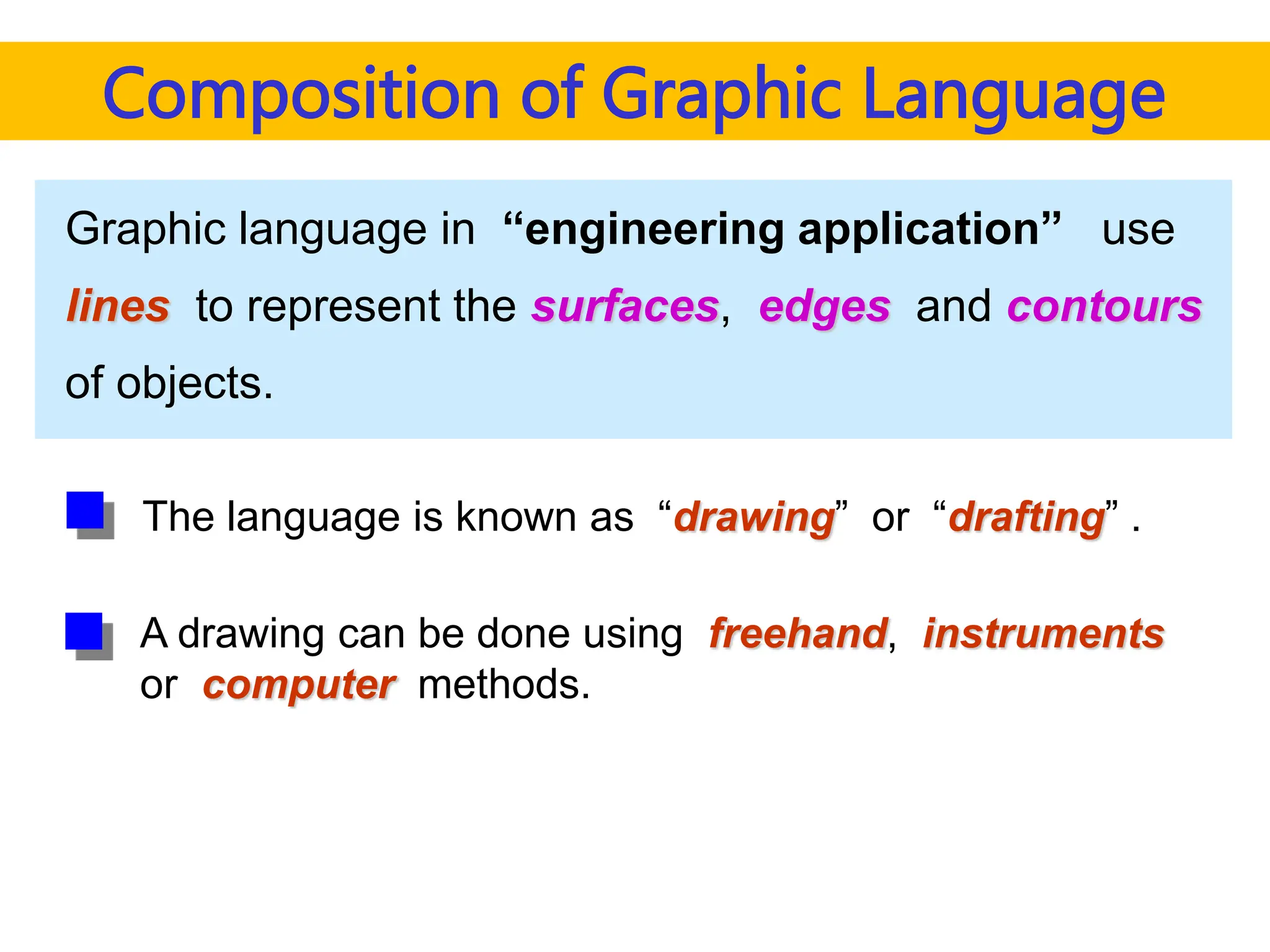 Graphic language in “engineering application” use
lines to represent the surfaces, edges and contours
of objects.
A drawing can be done using freehand, instruments
or computer methods.
Composition of Graphic Language
The language is known as “drawing” or “drafting” .
 