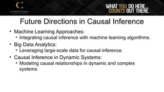 Future Directions in Causal Inference
• Machine Learning Approaches:
• Integrating causal inference with machine learning algorithms.
• Big Data Analytics:
• Leveraging large-scale data for causal inference.
• Causal Inference in Dynamic Systems:
• Modeling causal relationships in dynamic and complex
systems.
 